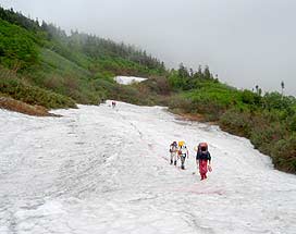 水平道にベンガラでマーキングする救助隊員 水平道にベンガラでマーキングする救助隊員の画像